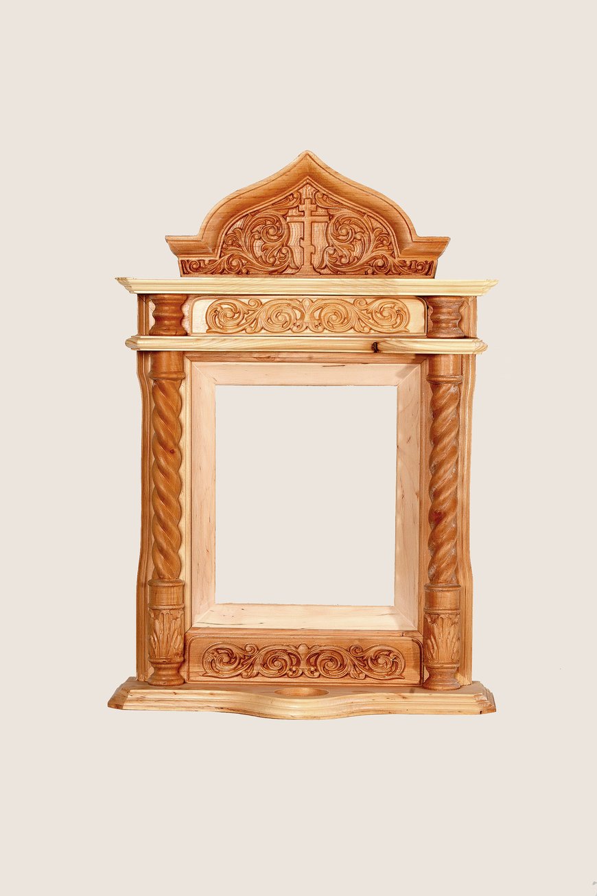 Small alder table icon case, Light brown, 20х24 (with inner frame), Greek cross, With a candle holder